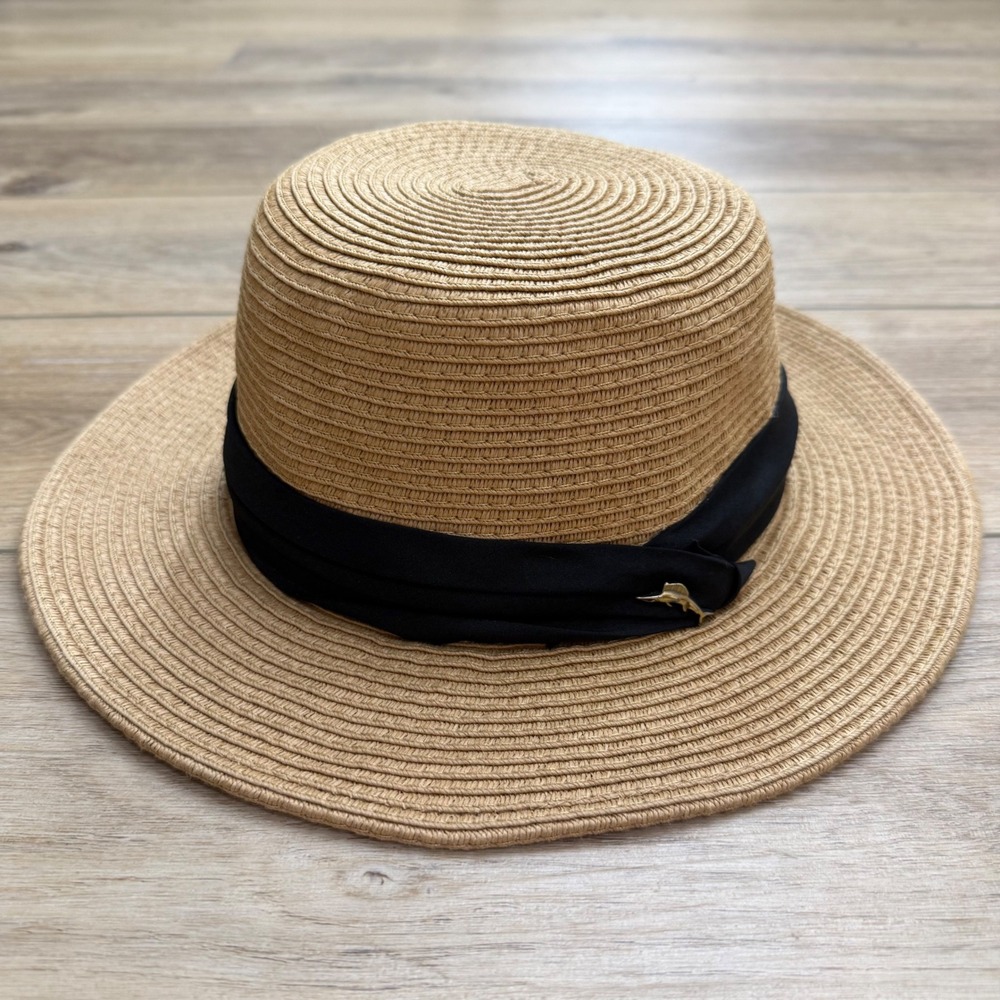 Tommy Bahama Tan Paper Braid Boater Hat Black Band Gold Marlin Pin Large XL